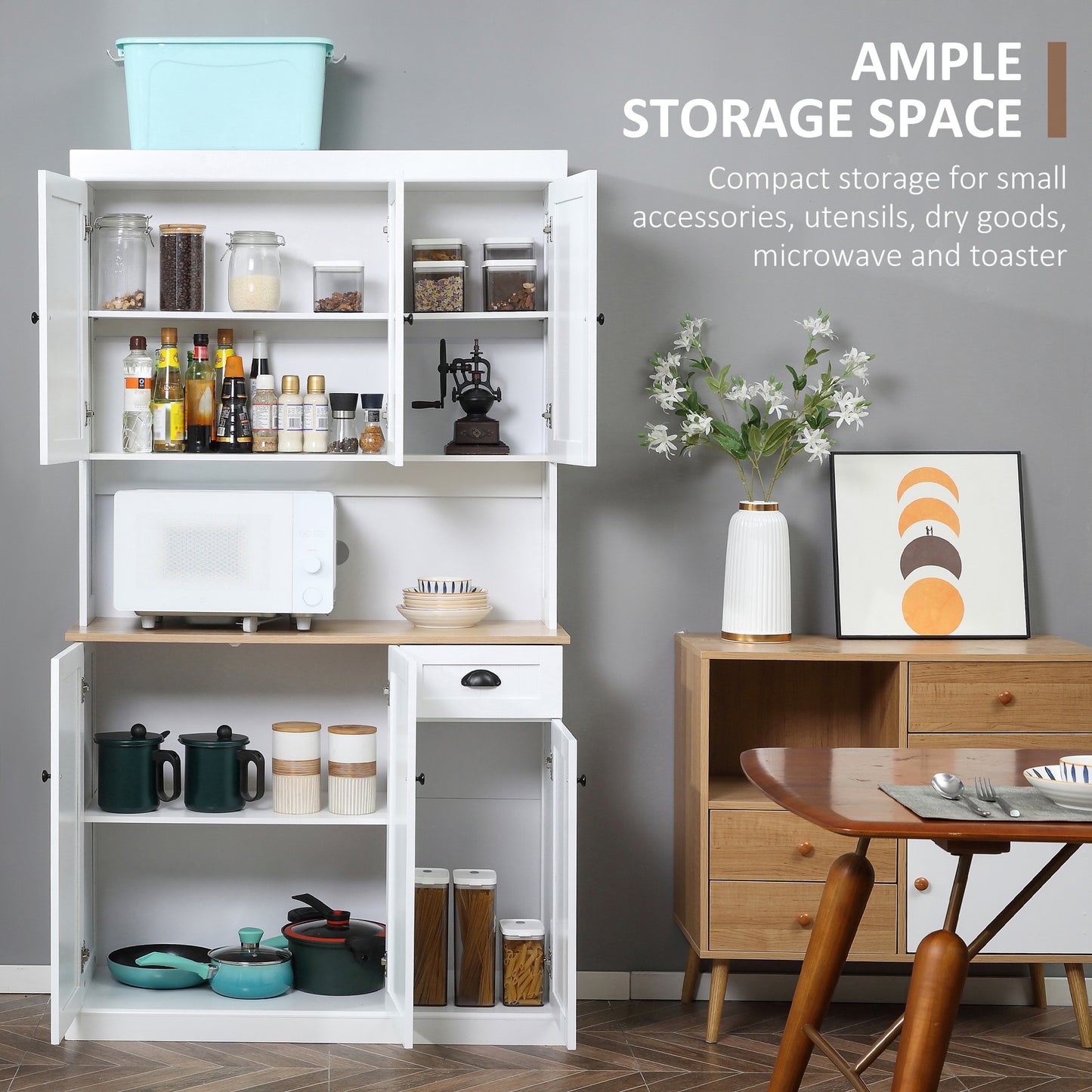 HOMCOM 71" Kitchen Pantry Buffet with Hutch Storage Cabinet Microwave Oven Stand with Drawer, White, Oak