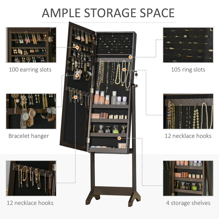 HOMCOM Mirror Jewelry Cabinet Armoire, Lockable Jewelry Organizer with Full-Length Mirror, 3 Angle Adjustable, Grey