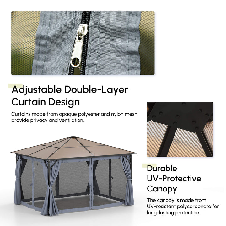 Outsunny 9.8' x 9.8' Garden Aluminium Gazebo Hardtop Roof Canopy Marquee Party Tent Patio Outdoor Shelter with Mesh Curtains & Side Walls, Grey