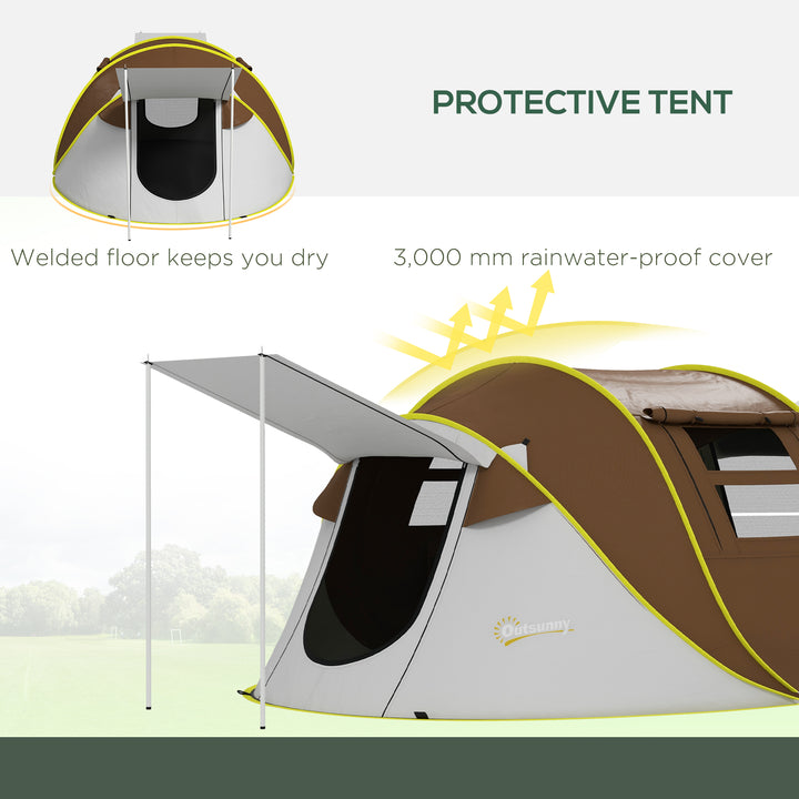 Outsunny Pop Up Tent with 2 Porch and Carry Bag, 3000mm Waterproof Camping Tent, for 2-3 People, Brown