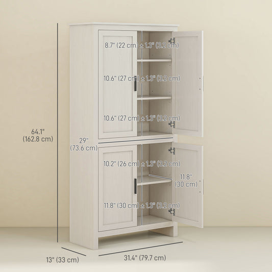 HOMCOM 64" Kitchen Pantry Cabinet, Freestanding Storage Cabinet with 4 Doors, 3 Adjustable Shelves, Antique White