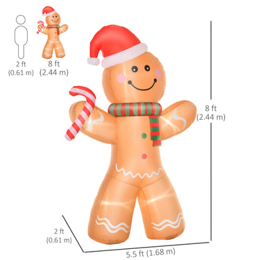 HOMCOM 8ft Christmas Inflatable Gingerbread Man with a Candy Cane, Outdoor Blow-Up Yard Decoration with LED Lights Display