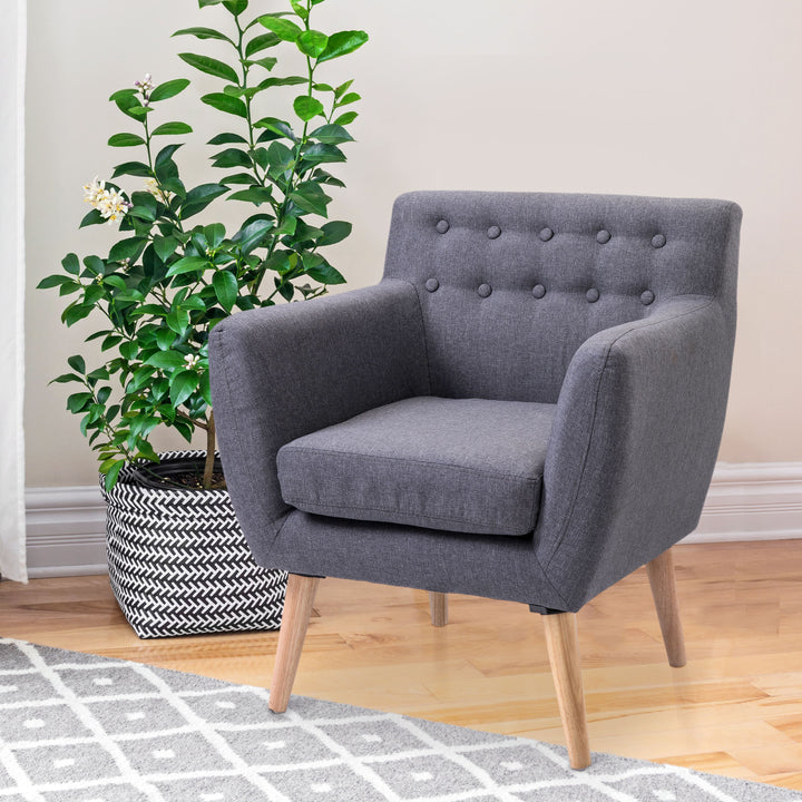 HOMCOM Linen Upholstery Armchair, Mid-Century Modern Accent Chair with Wood Frame and Thick Padding, Light Grey