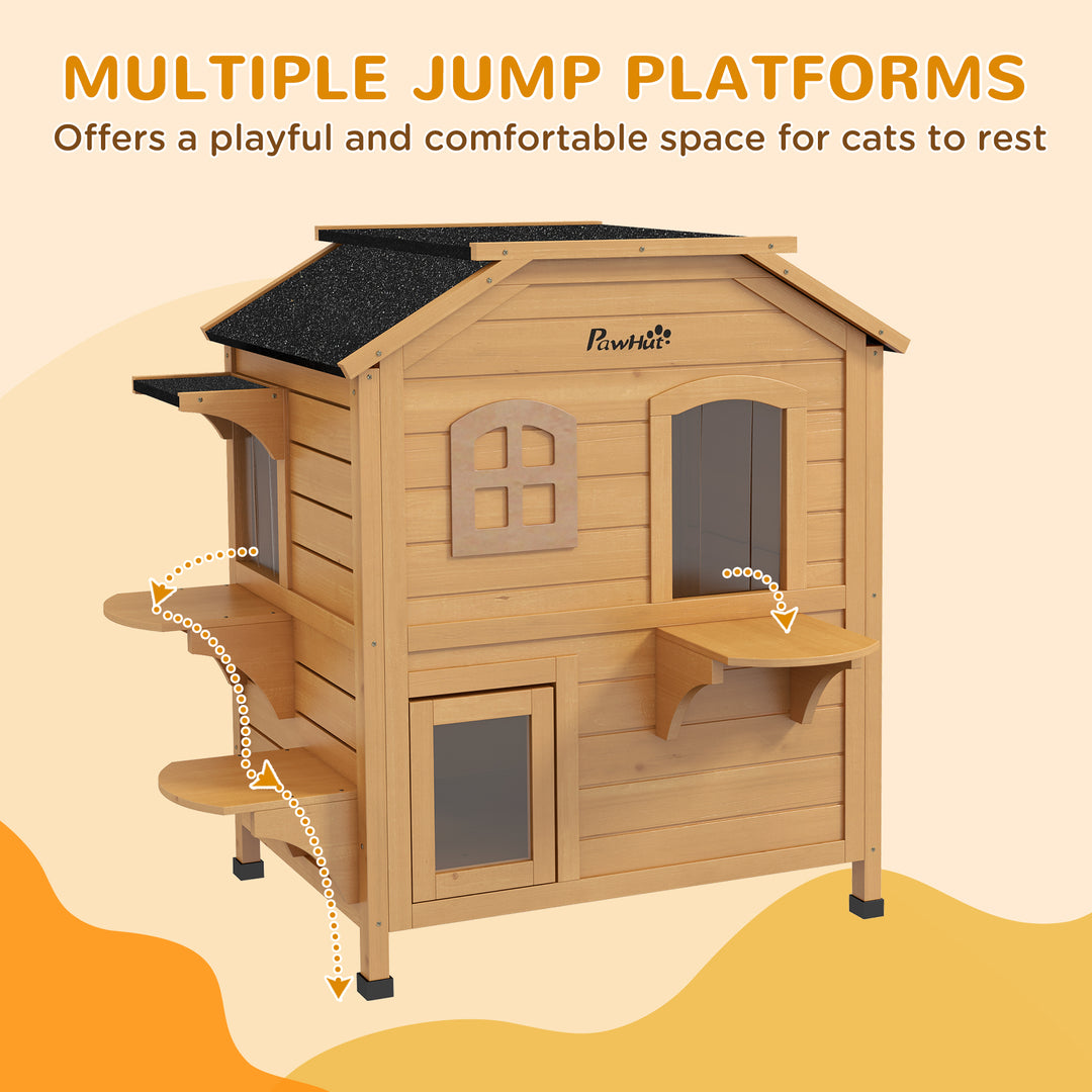 PawHut 2-Storey Outdoor Cat House, Wooden Catio with Openable Roof, Lounge Space, Fun Entrances, for Feral Cats, Yellow