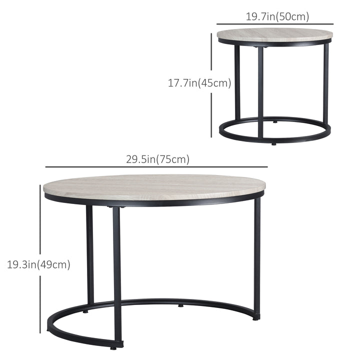 HOMCOM Nesting Coffee Tables Set of 2, Round Coffee Table with Metal Frame, Living Room Tables, Grey Wood Grain