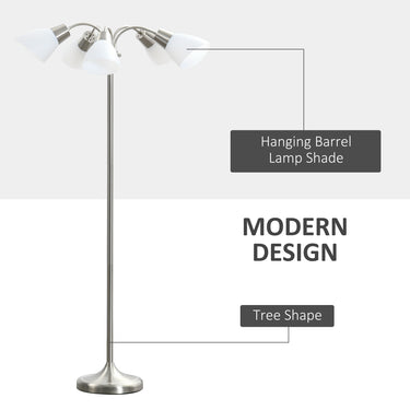 HOMCOM Arc Tree Floor Lamp with 5 Adjustable Rotating Lights, Modern Standing Gooseneck Reading Light for Living Room Bedroom Office, Satin Nickel
