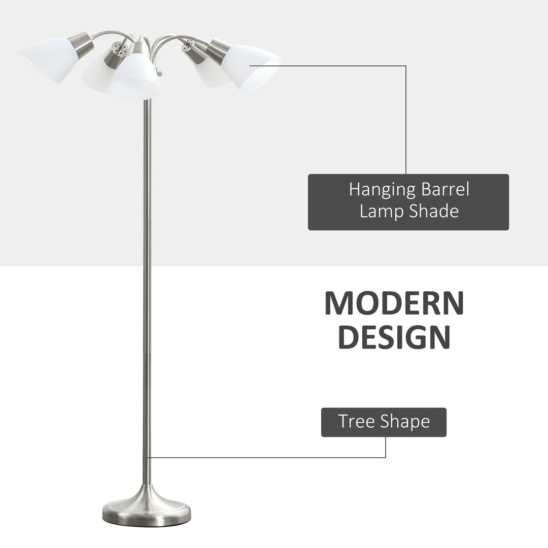 HOMCOM Arc Tree Floor Lamp with 5 Adjustable Rotating Lights, Modern Standing Gooseneck Reading Light for Living Room Bedroom Office, Satin Nickel
