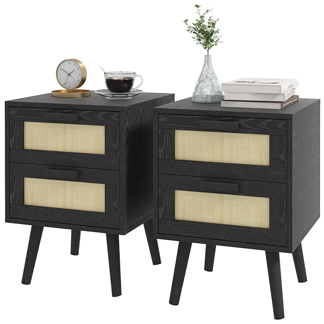 HOMCOM Boho Design Nightstand Set of 2, Side End Table with 2 Drawers for Living Room, Bedroom