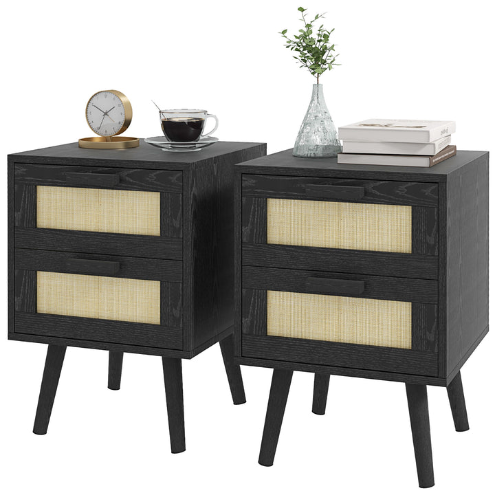 HOMCOM Boho Design Nightstand Set of 2, Side End Table with 2 Drawers for Living Room, Bedroom