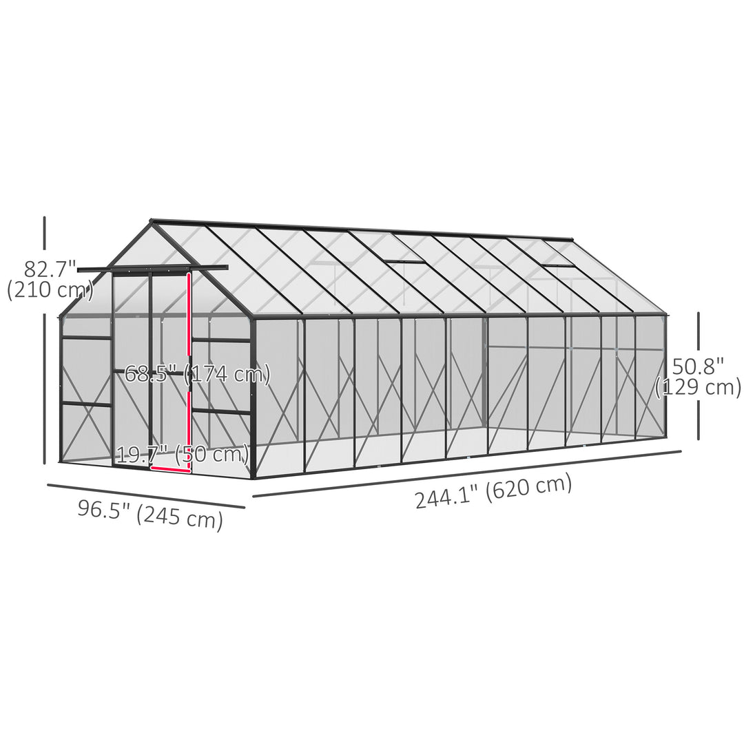 Outsunny 20' x 8' Aluminum Polycarbonate Greenhouse Walk-in Garden Greenhouse Kit with Adjustable Roof Vent, Rain Gutter and Sliding Door for Winter, Black