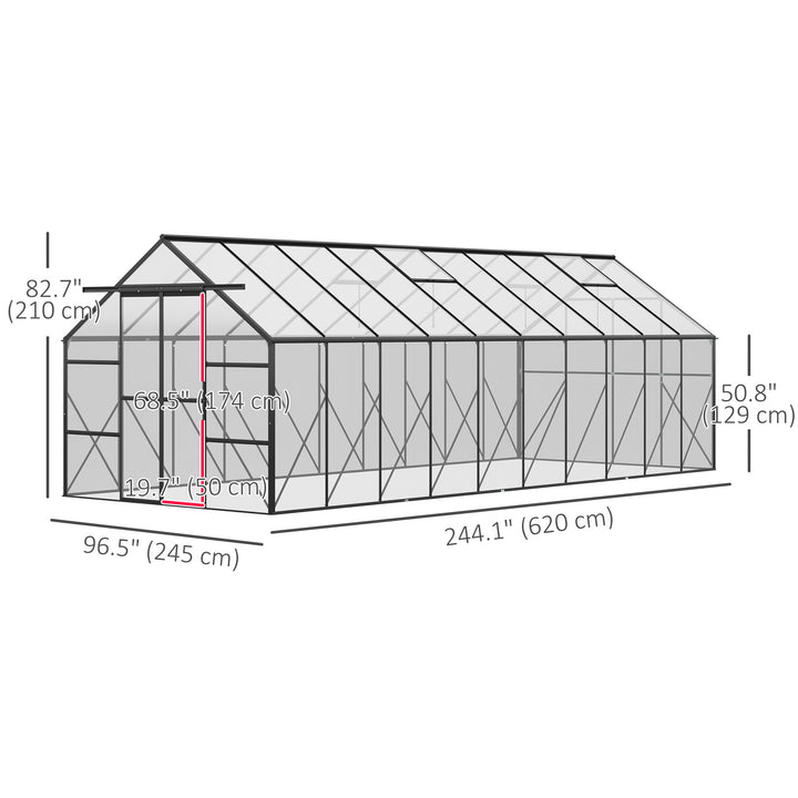 Outsunny 20' x 8' Aluminum Polycarbonate Greenhouse Walk-in Garden Greenhouse Kit with Adjustable Roof Vent, Rain Gutter and Sliding Door for Winter, Black