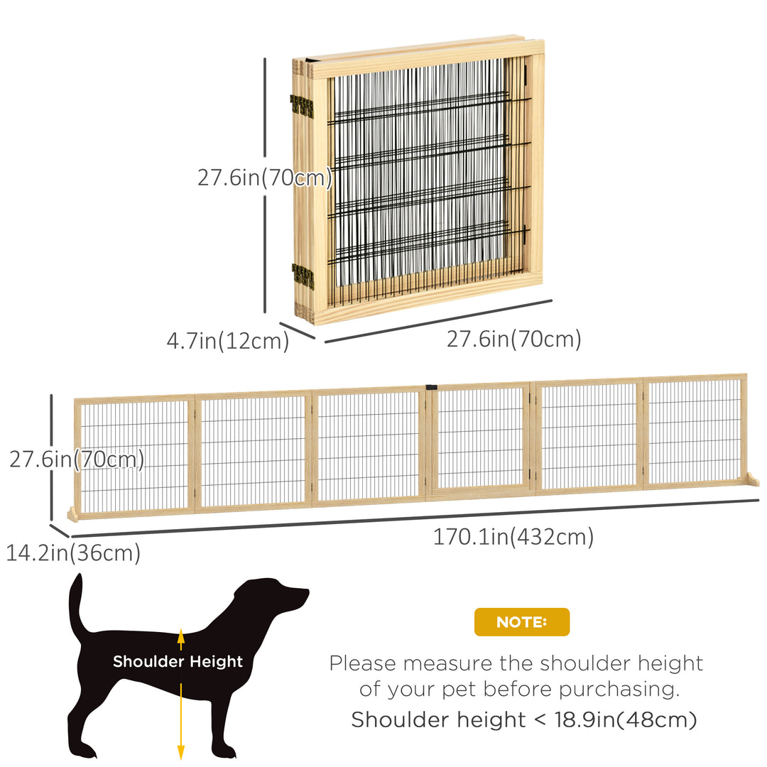 PawHut Wooden Pet Gate, Dog Safety Barrier, Freestanding Foldable Fence, w/ 6 Panels, 2 Support Feet, for House Doorway Stairs, Small & Medium Dogs, Coffee