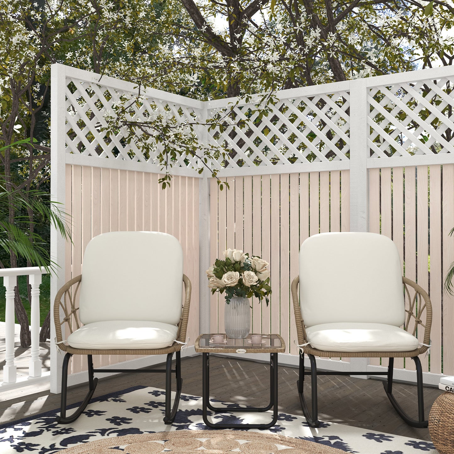 Outsunny 3 Pieces Patio Rocking Chair Patio Set with Cushions, Outdoor Round PE Rattan Wicker Hollow Design Conversation Set with Two Rocker Chairs, Glass Top Coffee Table, Beige