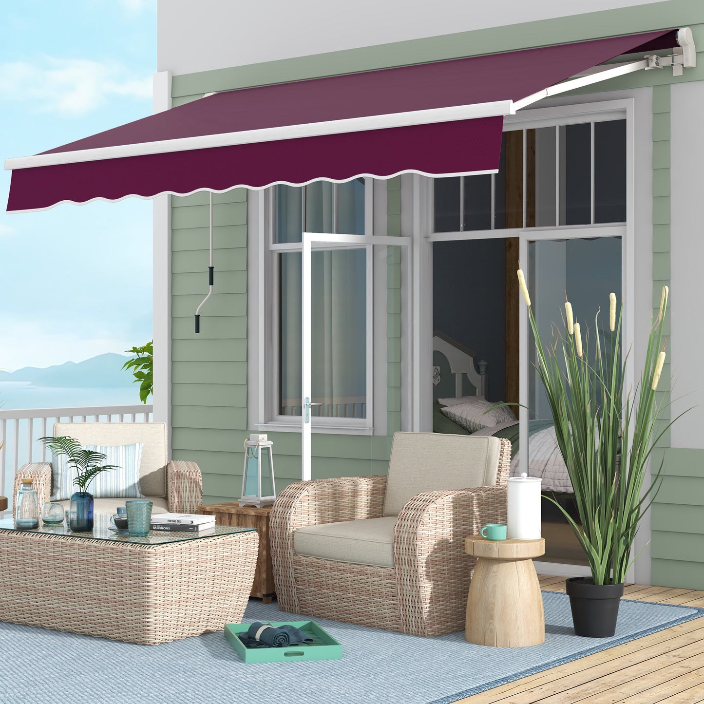 Outsunny 10' x 6.5' Manual Retractable Awning with LED Lights, Aluminum Frame Sun Canopies for Patio Door Window, Yellow/Grey