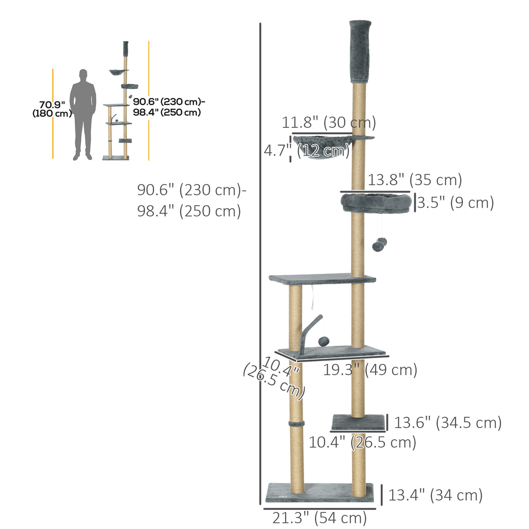 PawHut Floor to Ceiling Cat Tree, 90.5" - 98.5" Cat Tower with Scratching Post, Dangling Balls, Platforms, Bed, Hammock, Grey