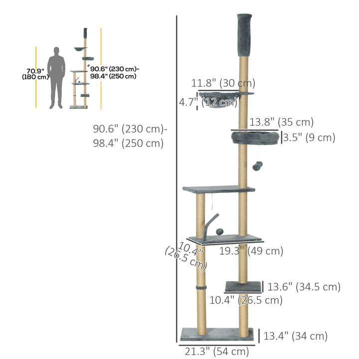 PawHut Floor to Ceiling Cat Tree, 90.5" - 98.5" Cat Tower with Scratching Post, Dangling Balls, Platforms, Bed, Hammock, Grey