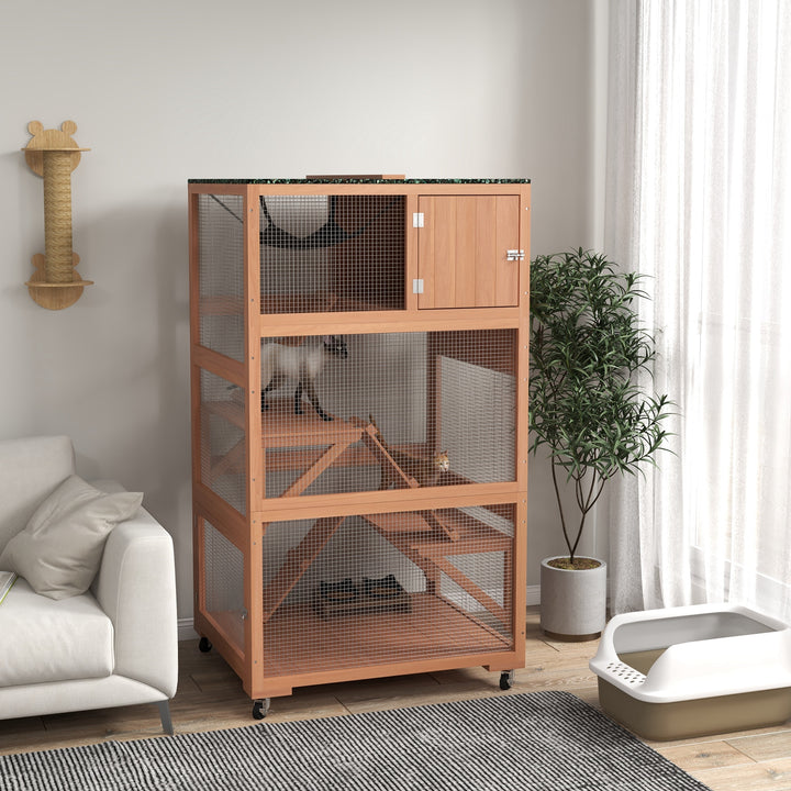 PawHut 34" L Catio Outdoor Cat Enclosure on Wheels with Hammock Multiple Platforms Resting Condo Ramps, for 1-3 Cats, Orange