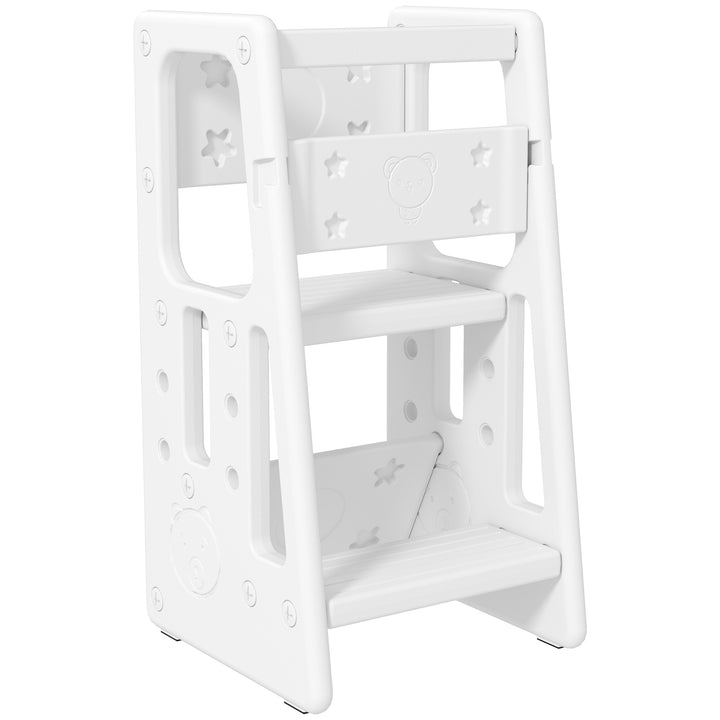 Qaba Toddler Kitchen Helper 2 Step Stool with Adjustable Height Platform and Safety Rail, White