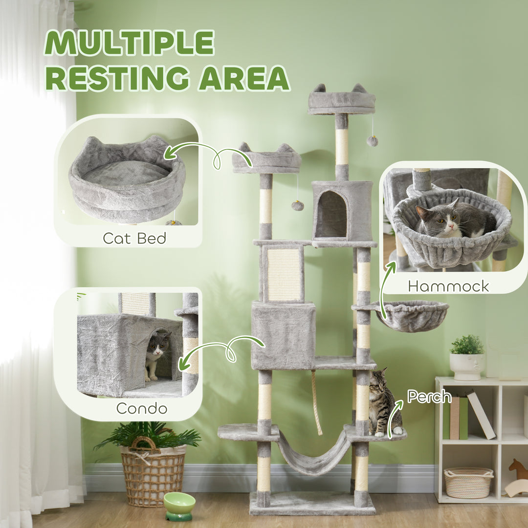 PawHut 81" Large Cat Tree w/ Scratching Posts, Condos, Beds, Hammocks, Jumping Platforms, Toy Balls, Rope Cat Toy, Dark Grey