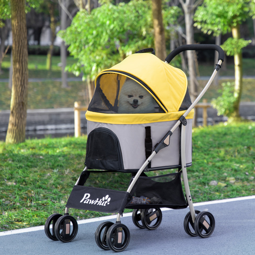 PawHut 4 Wheels Pet Stroller, 3 in 1 Dog Cat Travel Folding Carrier, for Small Dogs, Detachable, w/ Brake, Canopy, Basket, Storage Bag - Yellow