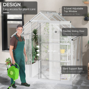 Outsunny 6' x 4' Walk-In Greenhouse, Polycarbonate Greenhouse with Sliding Door, Window, Aluminium Frame, Foundation, Silver