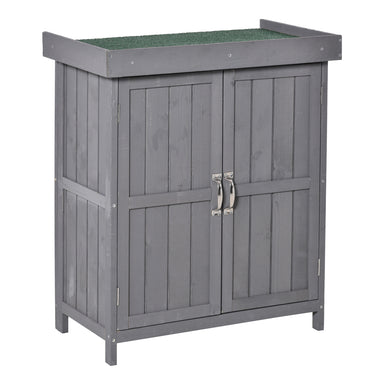 Outsunny Wooden Garden Tool Storage Shed Kit with Hinged Roof, 2-Tier Shelves and Double Doors, 74x43x88cm, Dark Grey