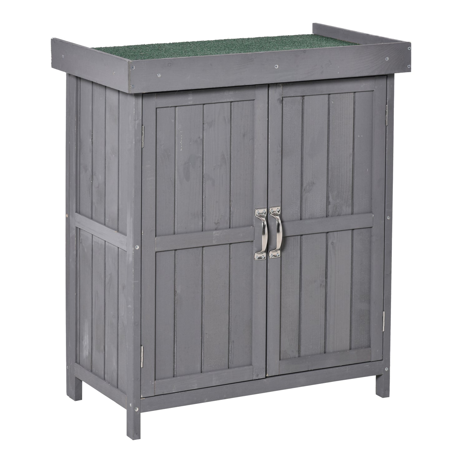 Outsunny Wooden Garden Tool Storage Shed Kit with Hinged Roof, 2-Tier Shelves and Double Doors, 74x43x88cm, Dark Grey