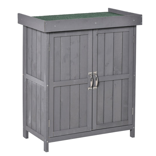 Outsunny Wooden Garden Tool Storage Shed Kit with Hinged Roof, 2-Tier Shelves and Double Doors, 74x43x88cm, Dark Grey