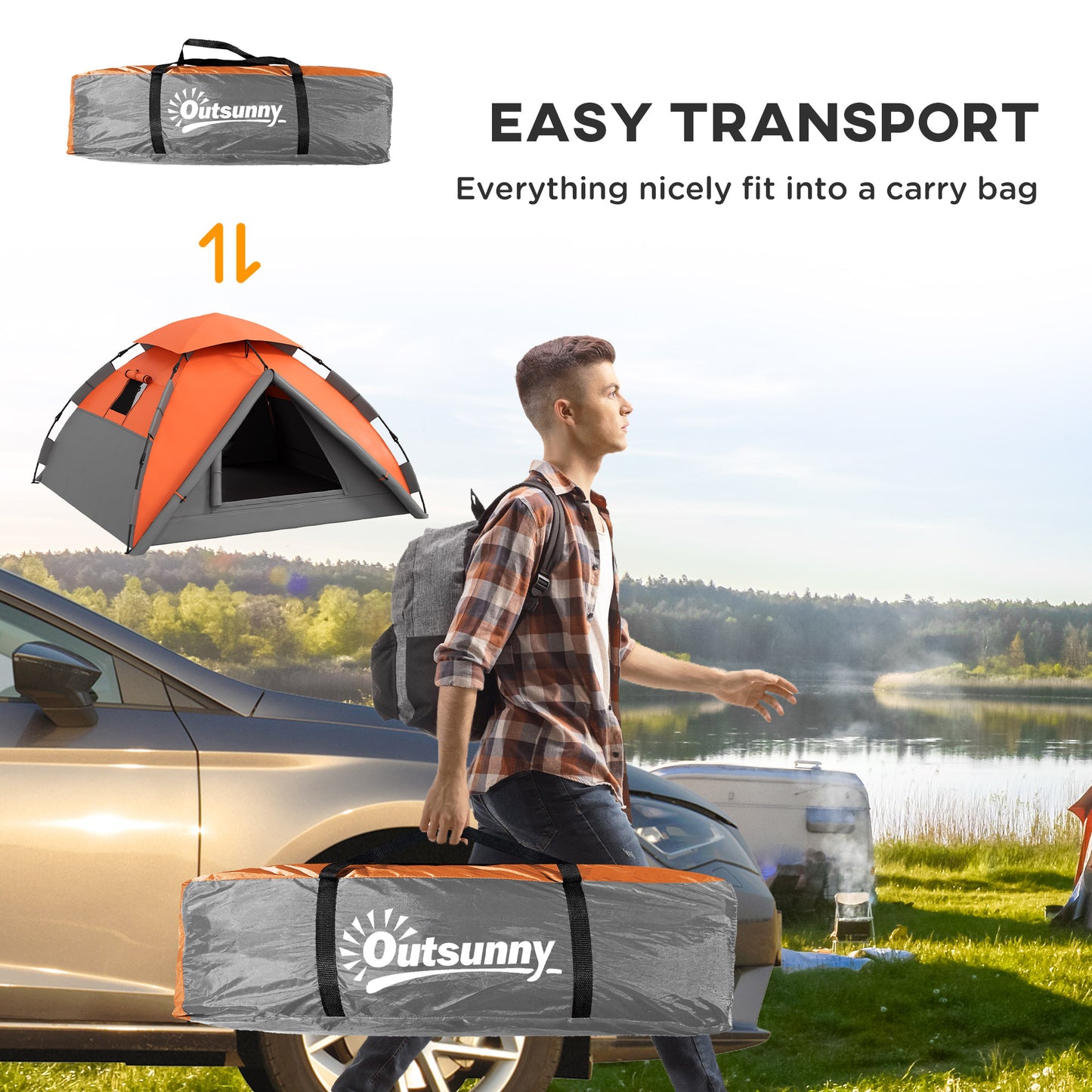 Outsunny Pop up Camping Tent, 3-4 Man Family Tent, 3000mm Waterproof, with Carry Bag and Top Hook, Grey and Orange