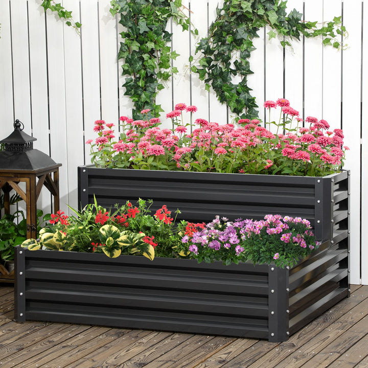 Outsunny 2 Tier Raised Garden Bed, 47" x 40" x 23" Galvanized Steel Planter Box for Vegetables, Flowers, and Herbs, Dark Grey