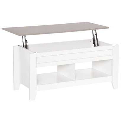 HOMCOM Lift Top Coffee Table with Hidden Storage Compartment and Open Shelves, Lift Tabletop Pop-Up Center Table for Living Room, White