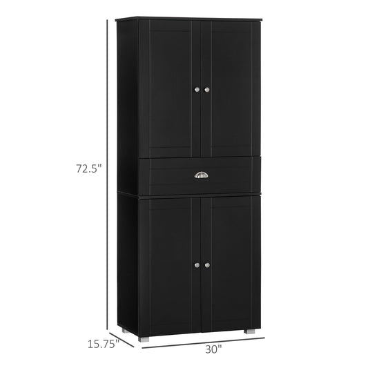 HOMCOM 72" Kitchen Pantry Cabinet, Modern Kitchen Pantry Storage Cabinet with 4 Doors and 3 Adjustable Shelves, Black
