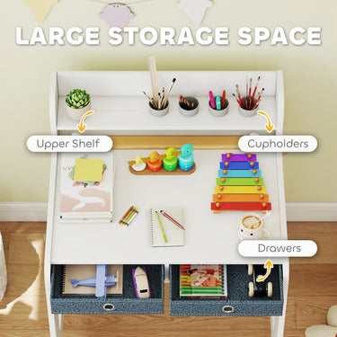 Qaba Kids Study Table and Chair Set, Art Desk and Chair Set with Storage Shelf and Drawers for 3-8 Year Old