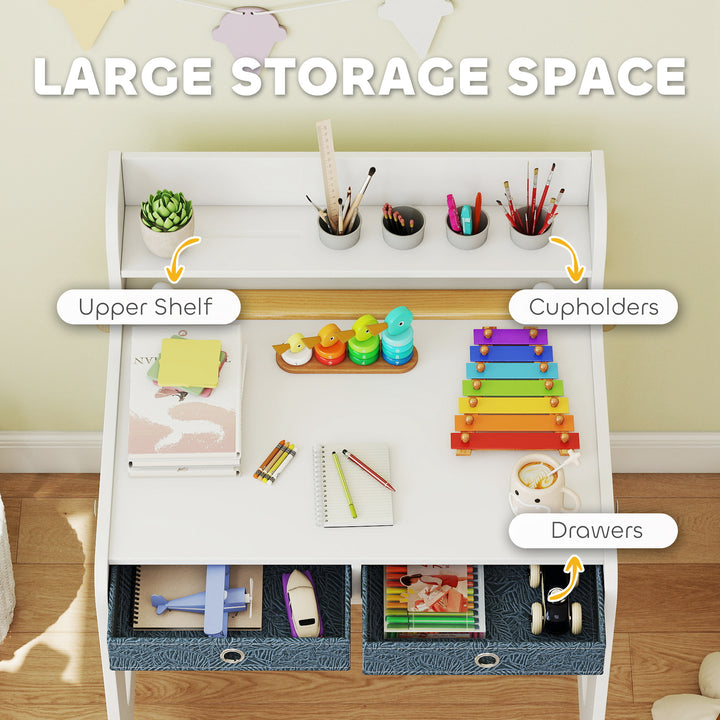 Qaba Kids Study Table and Chair Set, Art Desk and Chair Set with Storage Shelf and Drawers for 3-8 Year Old