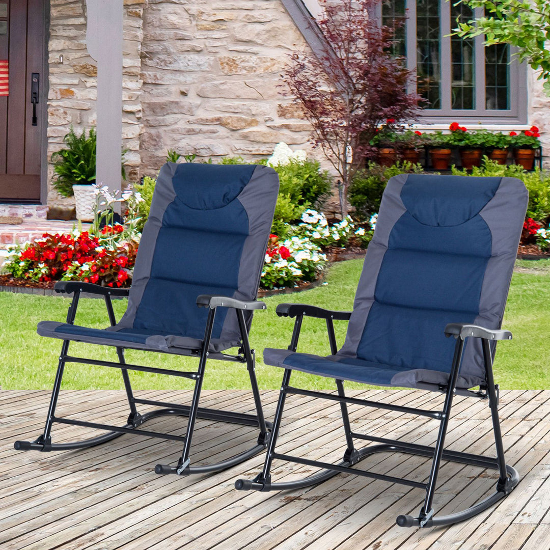 Outsunny Folding Rocking Chair Set of 2 Padded Rockers with Armrest, Navy Blue