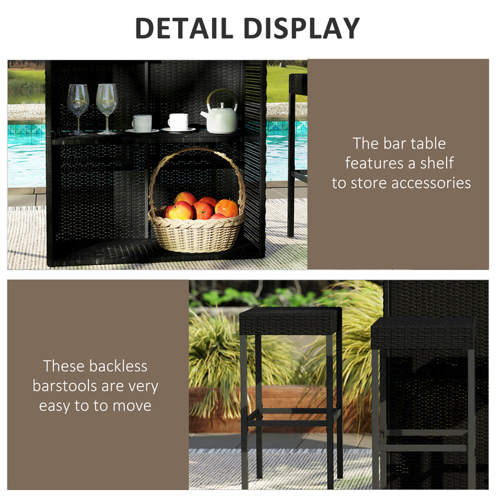 Outsunny 5 Pieces Patio Bar Set, Outdoor PE Rattan Wicker High Top Outdoor Table and Chairs Outdoor Bar Set with Tempered Glass Top Bar Table and Shelves, 4 Bar Chairs, Dark Brown