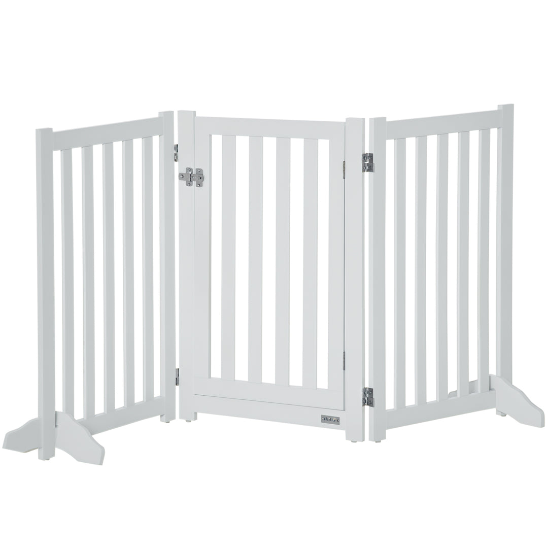 PawHut 31.5"H Foldable Dog Gate with Door, 3 Panels Freestanding Pet Gate Barriers Indoor with Support Feet, Puppy Fence for Small Medium Dogs, White