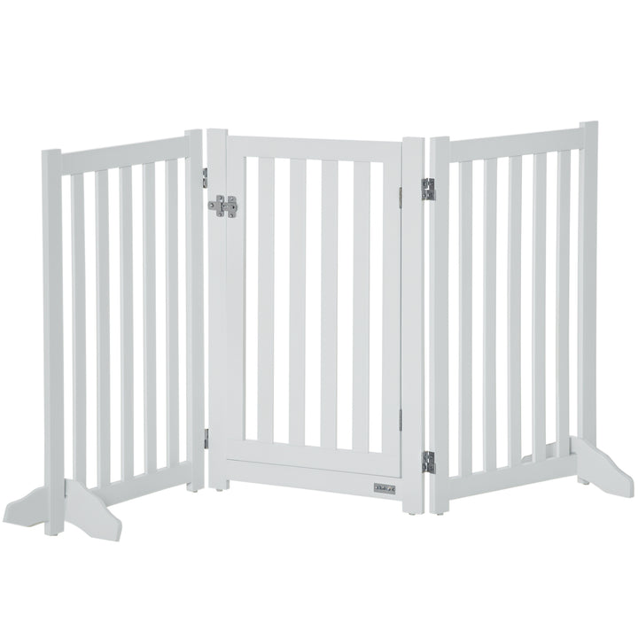 PawHut 31.5"H Foldable Dog Gate with Door, 3 Panels Freestanding Pet Gate Barriers Indoor with Support Feet, Puppy Fence for Small Medium Dogs, White