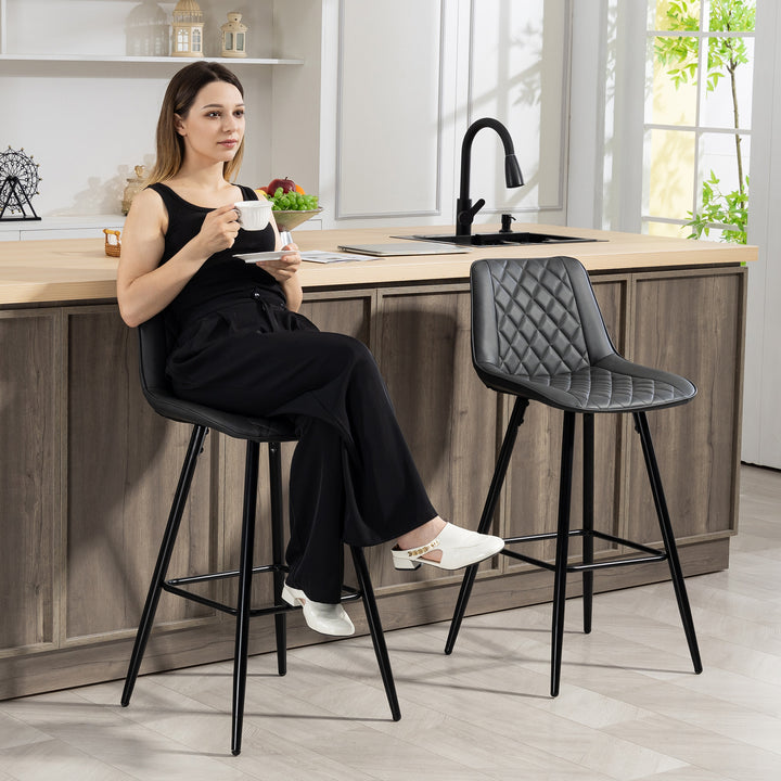 HOMCOM PU Leather Counter Height Bar Chairs Set of 2, 27.75" Bar Stools with Metal Legs for Dining Area, Kitchen Island, Brown