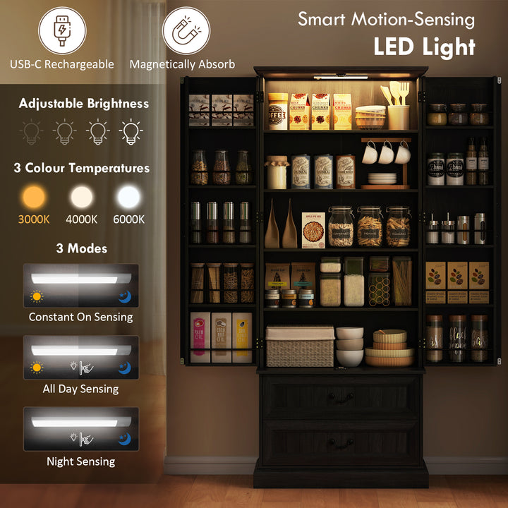 HOMCOM 72" LED Kitchen Pantry Cabinet, Buffet Storage Cabinet with 10 Door Shelves, 2 Drawers and Adjustable Shelves, White