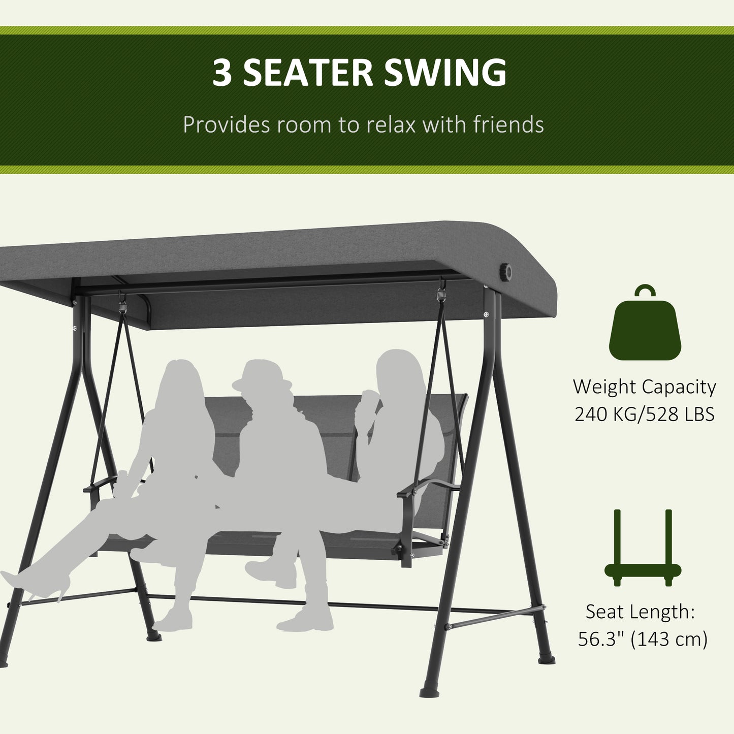 Outsunny Patio Swing Chair, 3 Person Convertible Hammock, Outdoor Swing Lounge Bed, Cushioned with Tilt Canopy, Dark Grey
