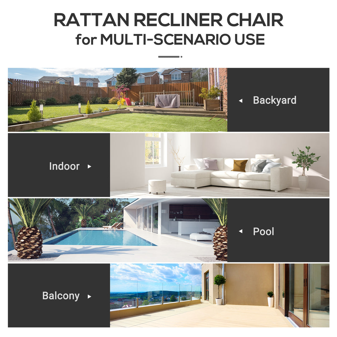 Outsunny Outdoor Rattan Recliner Chair, Wicker Reclining Chair with Adjustable Back Retractable Footrest Cushion Blue