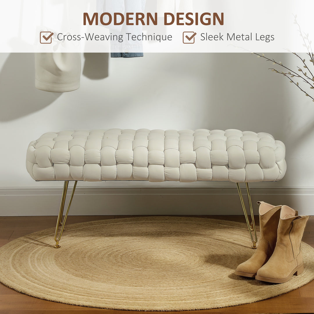 HOMCOM Upholstered Velvet End of Bed Bench 39" Woven End of Bed Bench with Gold Metal Legs for Entryway, Cream White