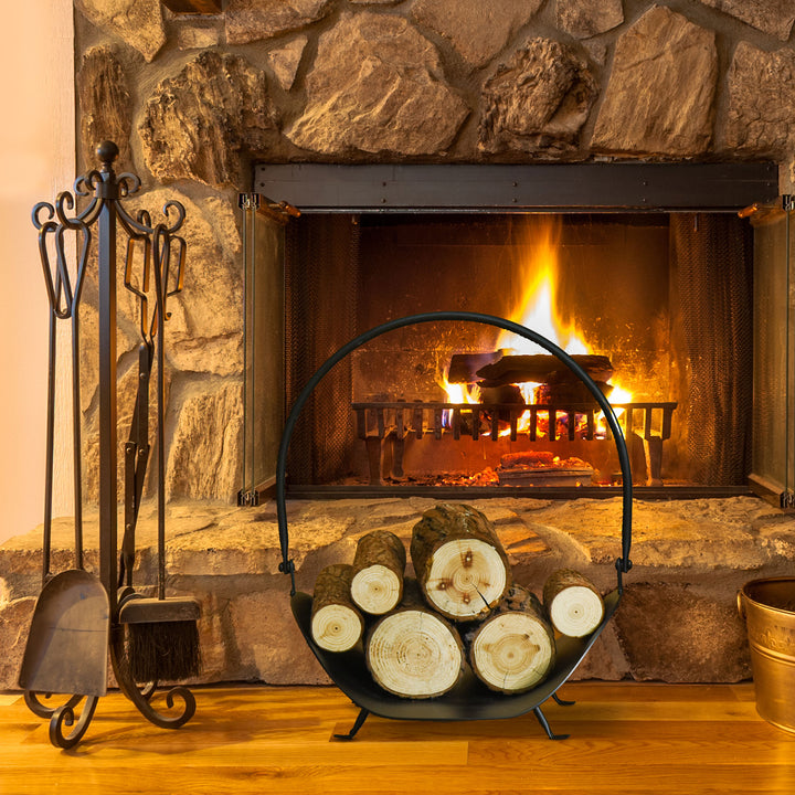 Outsunny 16" Firewood Log Rack Curved Fireplace Log Holder Wood Storage Basket Carrier with Flexible Handle, for Outdoor and Indoor Use, Black