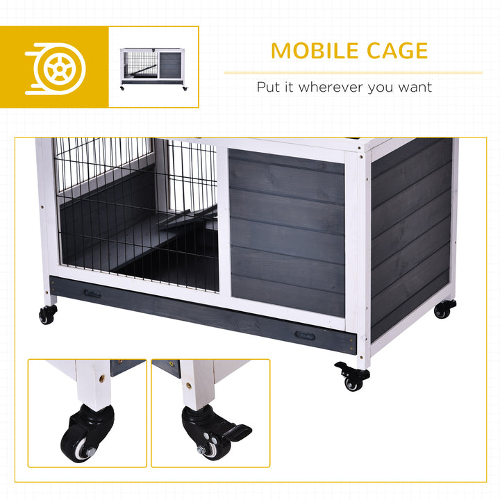 PawHut Wooden Indoor Rabbit Hutch Elevated Bunny Cage Habitat with Enclosed Run with Wheels, Suitable for Rabbits and Guinea Pigs, Grey