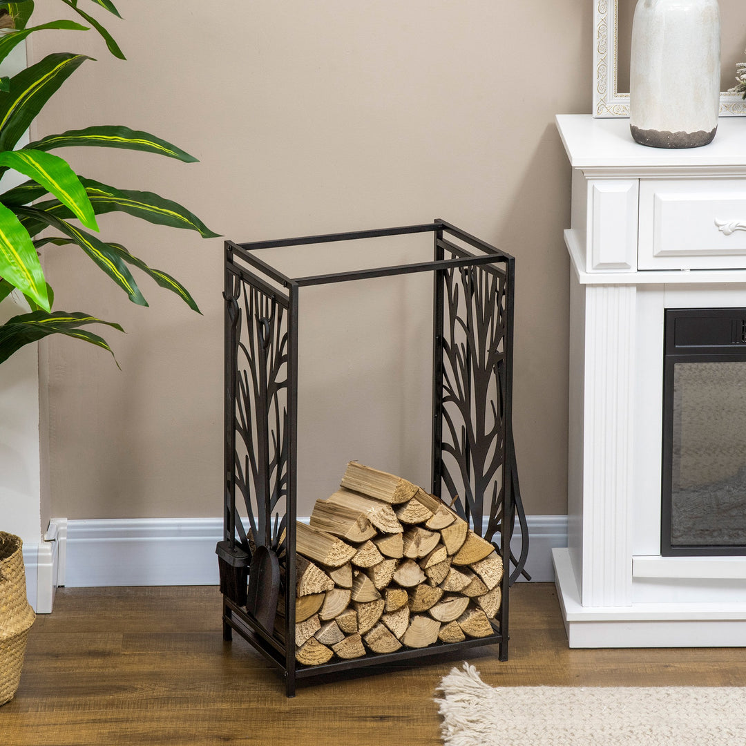 HOMCOM Firewood Rack with 4 Tools, Log Holder for Fireplace, Outdoor Indoor Wood Storage Stacker, 18.1" x 11.8" x 27.6", Black