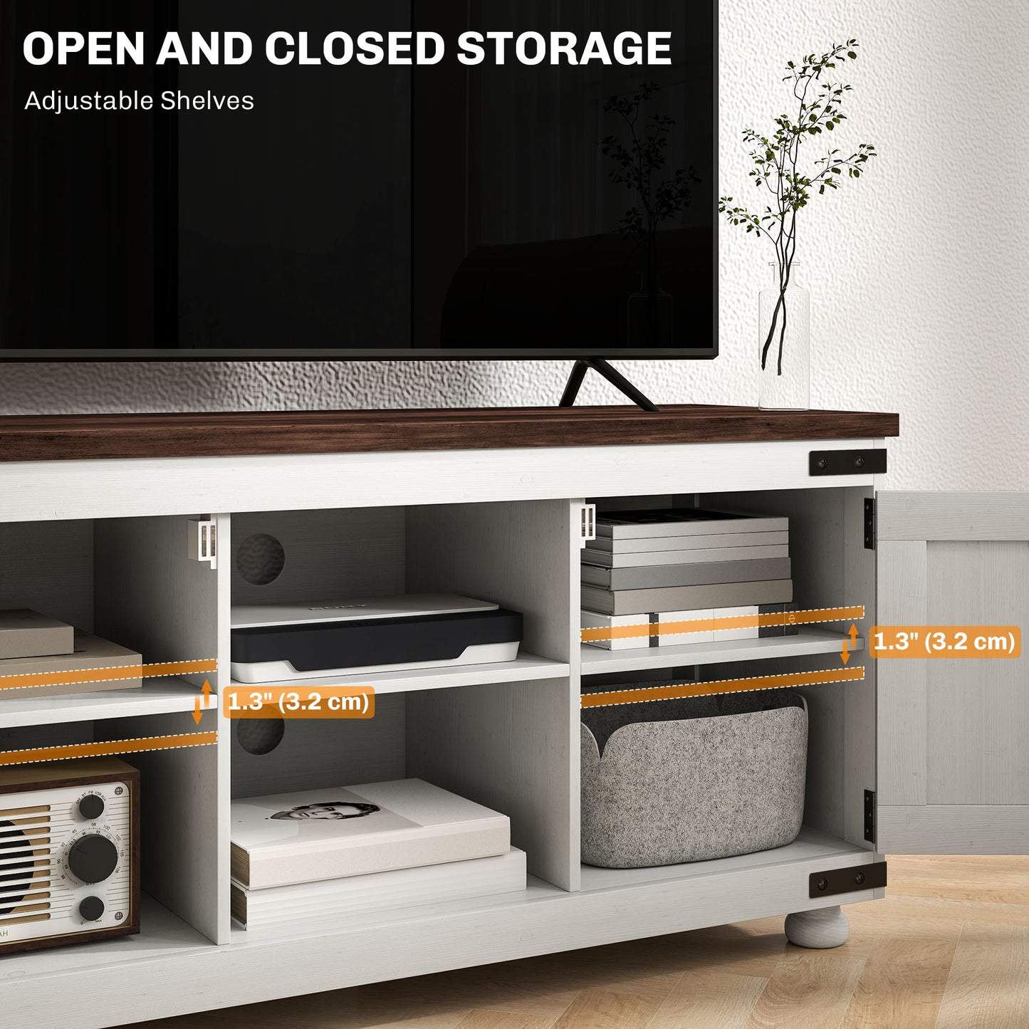 HOMCOM Farmhouse TV Stand for up to 50" TV, TV Cabinet with Barn Doors, Cable Management for Living Room, Distressed White