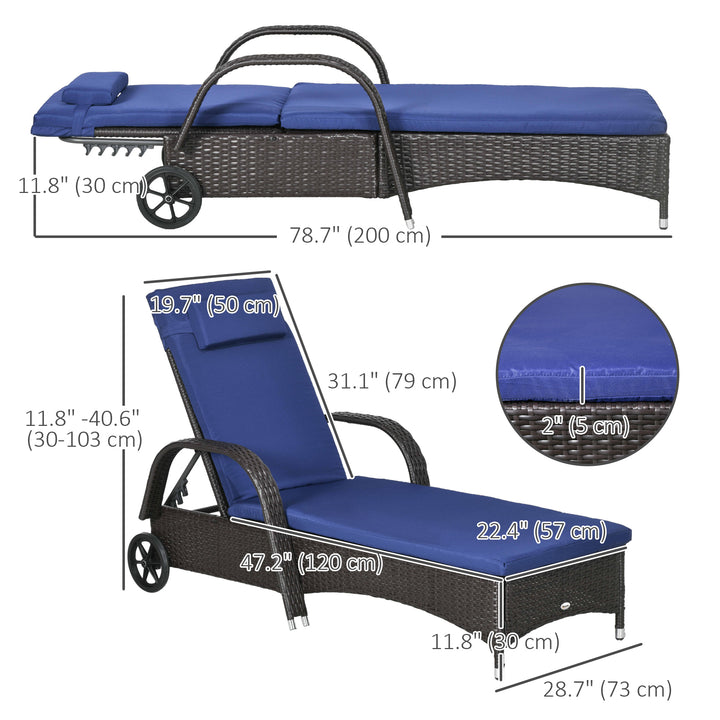 Outsunny Outdoor Lounger, Deck Lounge Chair with Headrest, 5-Level Adjustable, Backrest, Wheels, Deep Coffee and Navy Blue