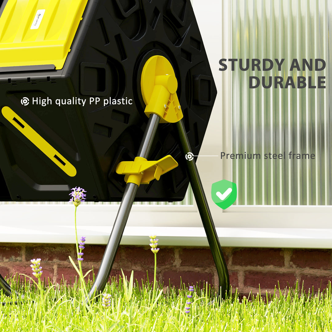 Outsunny Rotating Composter, Dual Chamber Compost Bin with 24 Vents and Steel Legs, 34.5 Gallon, Yellow and Green