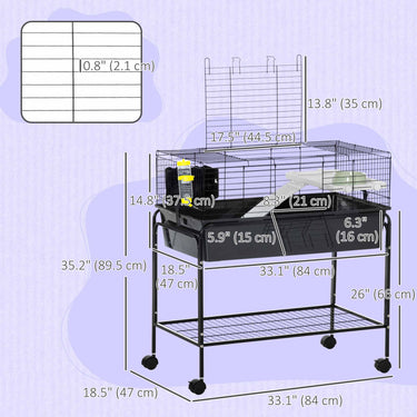 PawHut 35" Small Animal Cage Rolling Guinea Pig Cage with Detachable Stand, Water Dispenser, Food Dish, Ramp, Wheels, Dark Grey